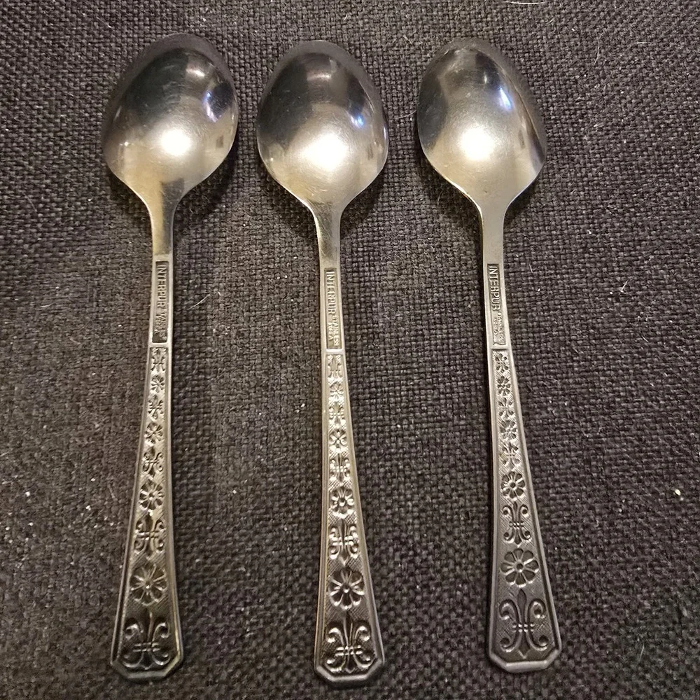 Interpur FLORENZ Stainless 3 Tea Spoons Black Textured 8 Petal Flatware E24G